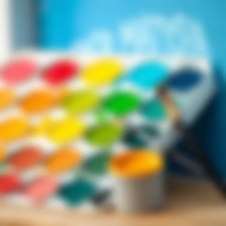 Vibrant acrylic paint colors arranged for wall painting.
