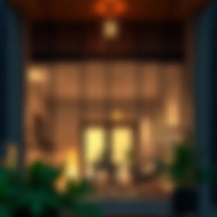 Stylishly designed balcony with ambient lighting and artistic elements