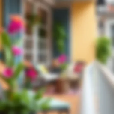 Charming balcony setup featuring vibrant colors and decorative accents