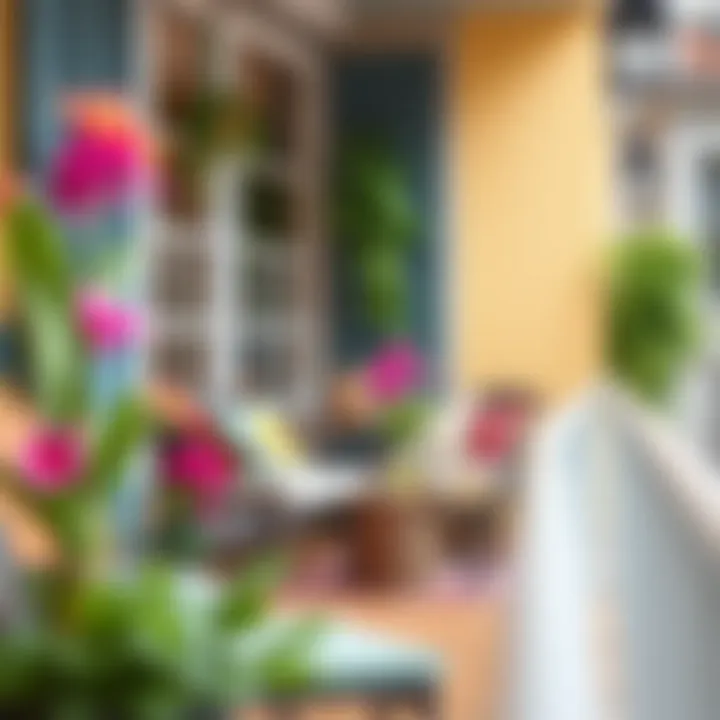 Charming balcony setup featuring vibrant colors and decorative accents
