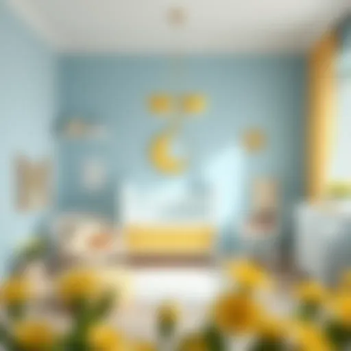 A serene pastel-colored nursery featuring soft blue and yellow tones, promoting calmness and happiness.