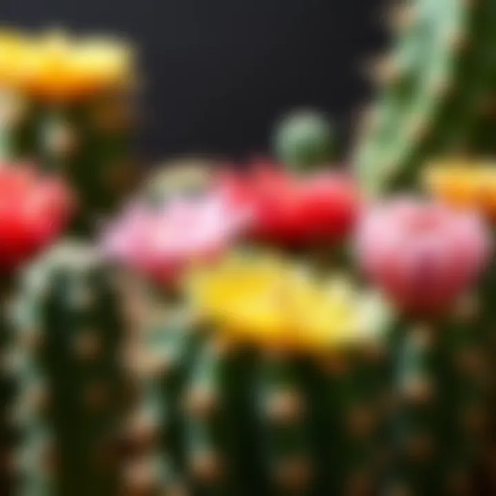A close-up view of several different cactus flowers, highlighting their unique shapes and hues.