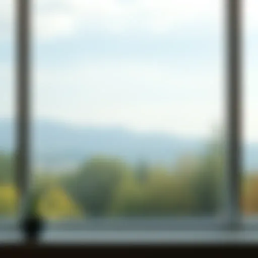 A clear glass window showcasing a beautiful view, with foggy spots that need cleaning.