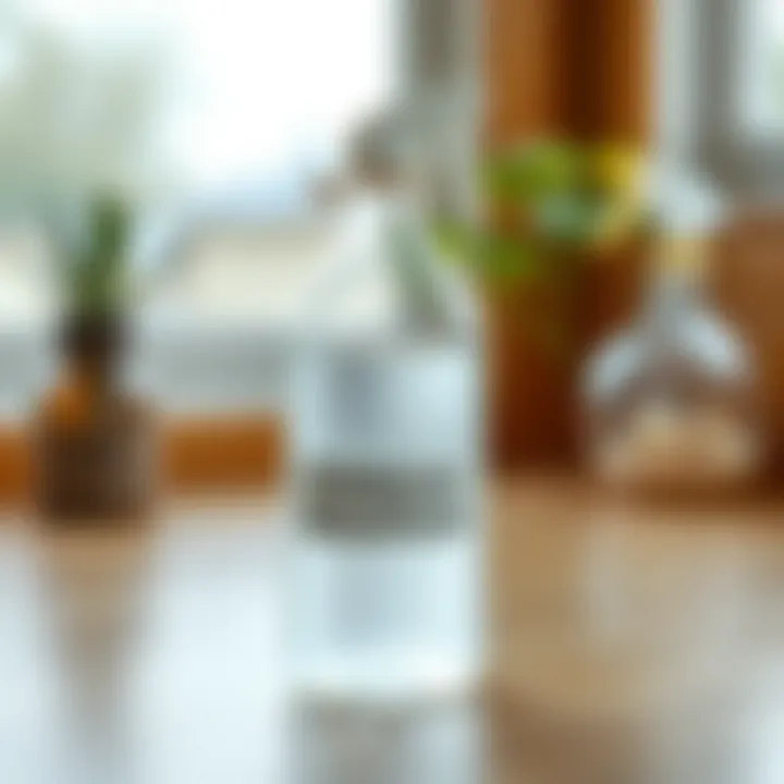 A natural cleaning solution made from vinegar and water, displayed in a decorative bottle.