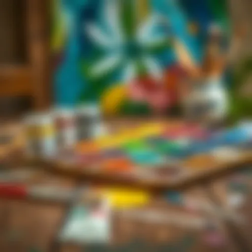 A vibrant palette of oil paints arranged on a wooden table, showcasing a variety of colors.