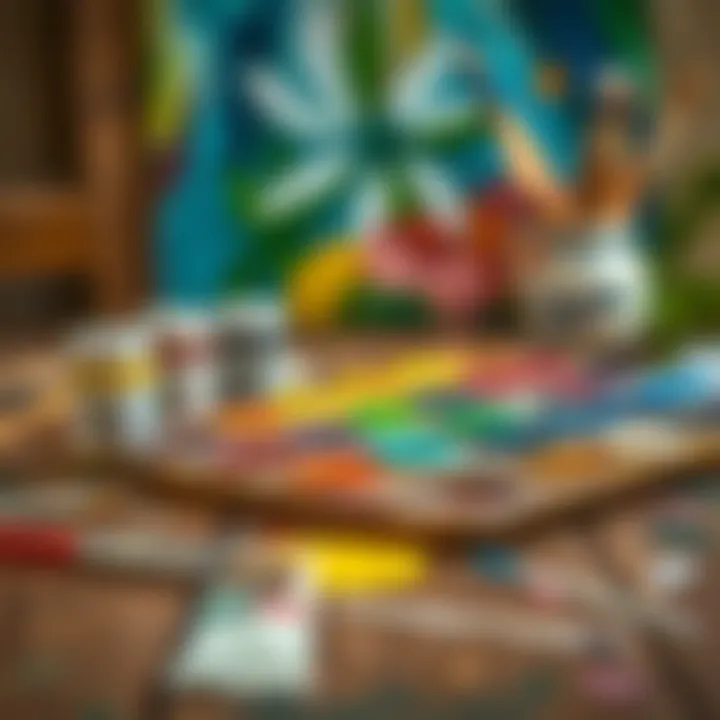 A vibrant palette of oil paints arranged on a wooden table, showcasing a variety of colors.