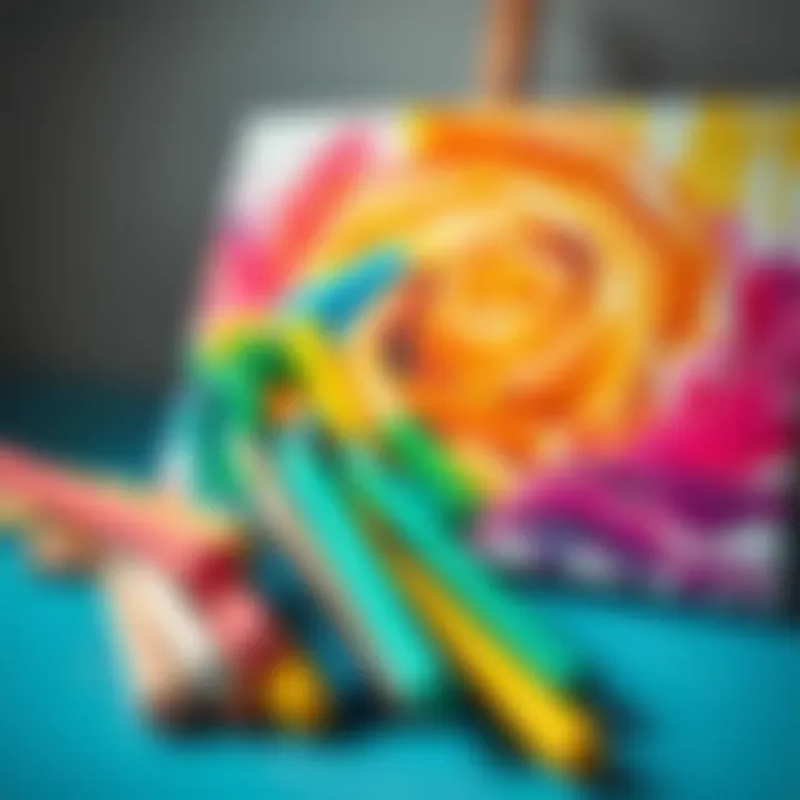 A display of various pastel sticks alongside a vibrant pastel artwork on canvas.