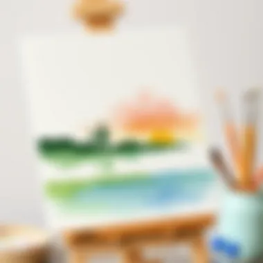 A watercolor painting in progress, depicting a serene landscape on a canvas.