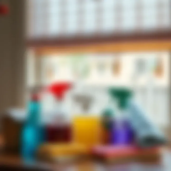 Cleaning supplies arranged for washing roller blinds