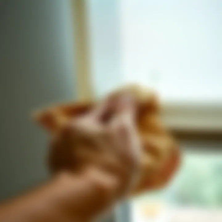 Close-up of a roller blind being washed with a cloth