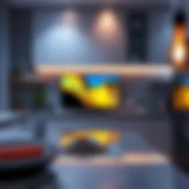 A contemporary kitchen style highlighted by a vibrant TV screen