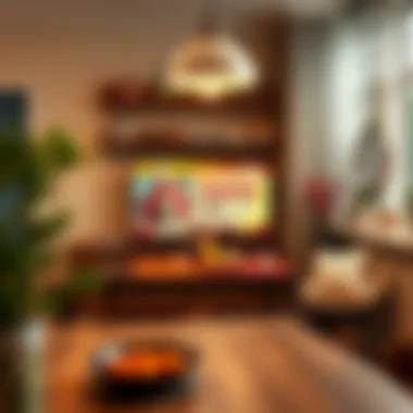 A cozy dining area with a TV showcasing a culinary program