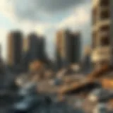 A devastated urban landscape with collapsed buildings