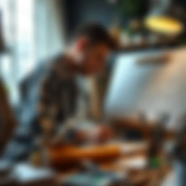 An artist sketching on a canvas with various tools around