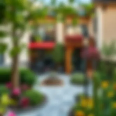 Outdoor terrace of a duplex with beautiful landscaping