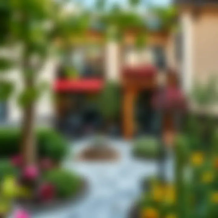 Outdoor terrace of a duplex with beautiful landscaping