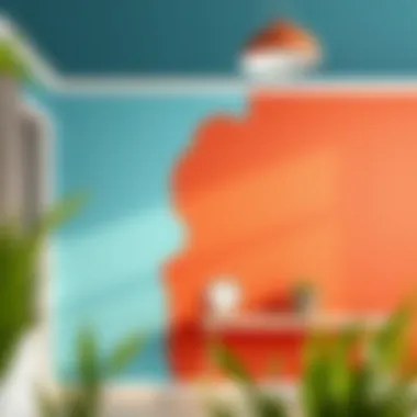 A freshly painted wall with vibrant colors complementing the ceiling.