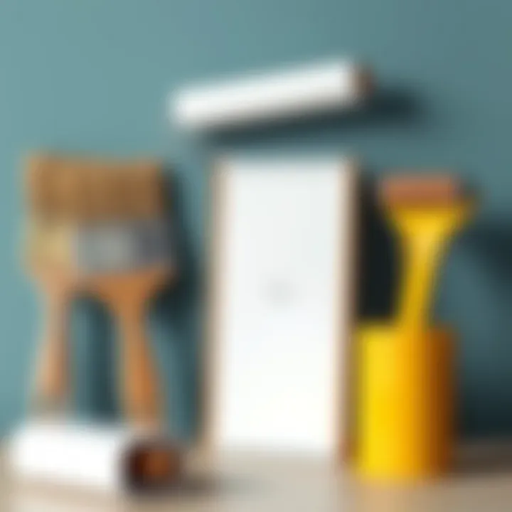 Essential tools for wall painting including brushes and rollers