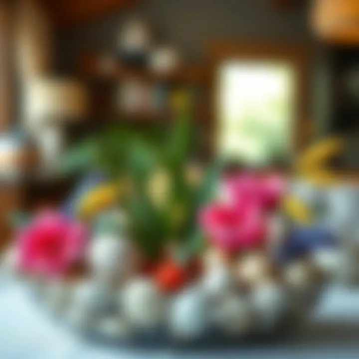 Creative centerpiece using natural elements and vibrant colors.