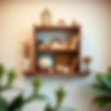 Stylish shelf arrangement with handmade decorative items.