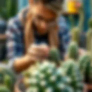 A gardener tending to a cactus plant, emphasizing care techniques for maintaining blooming cacti.