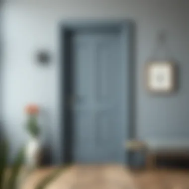 Chic gray interior featuring a bold colored door