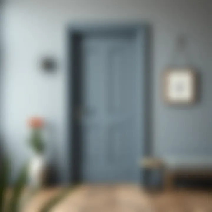 Chic gray interior featuring a bold colored door