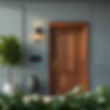 Elegant gray walls with a warm wood door