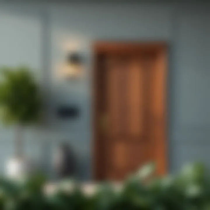 Elegant gray walls with a warm wood door