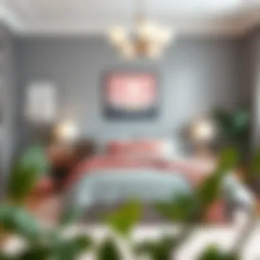 Stylish bedroom with grey and pink accents