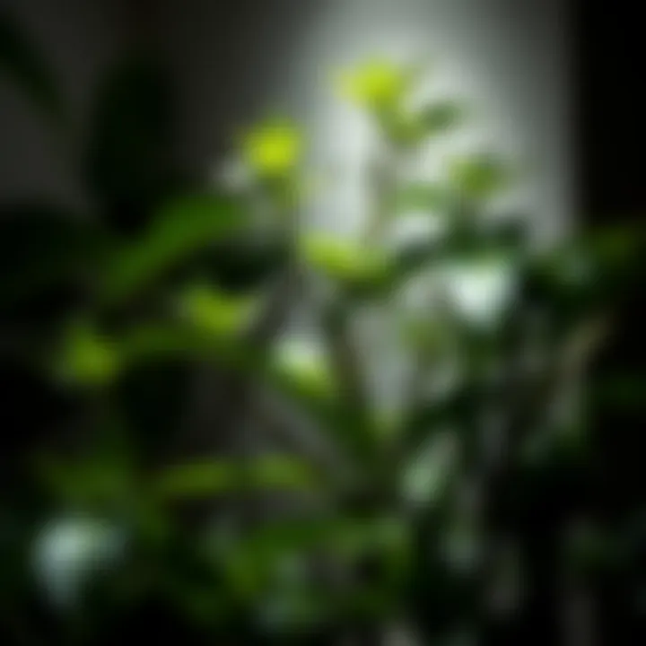 A lush green houseplant thriving in a dimly lit corner