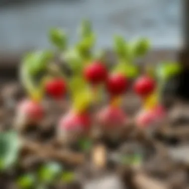 Healthy spring radishes growing in soil