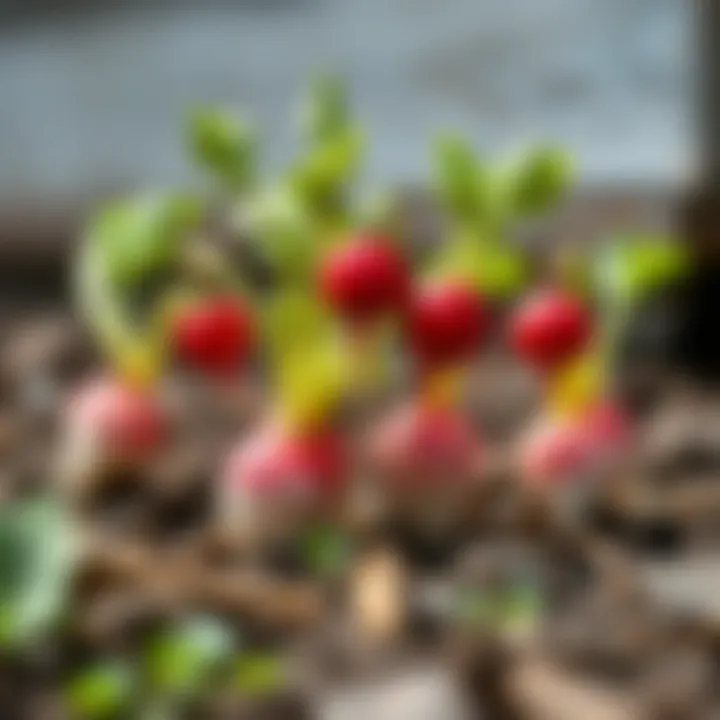 Healthy spring radishes growing in soil