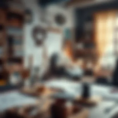 An inspiring workspace filled with drawings and creative tools