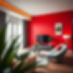 Vibrant red accent wall in a modern living room