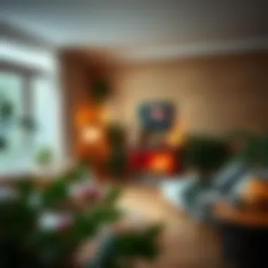 Cozy living room with warm lighting and soft textures