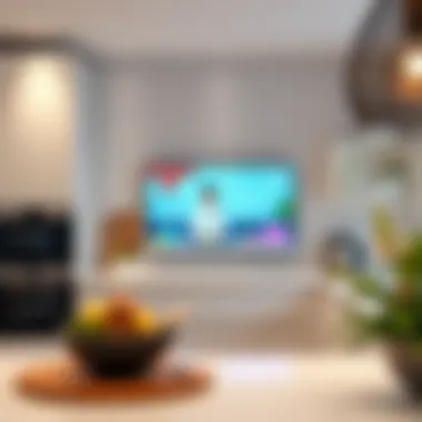 A sleek kitchen with a modern TV displaying a vibrant cooking show