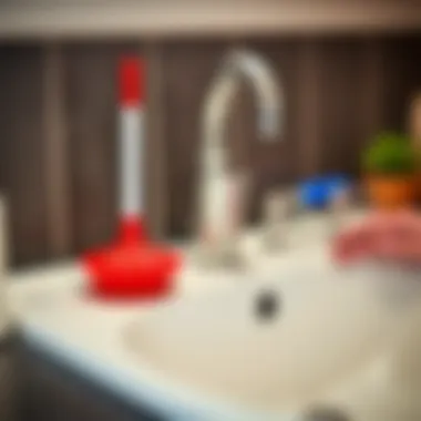 A plunger positioned next to a sink, ready for use.