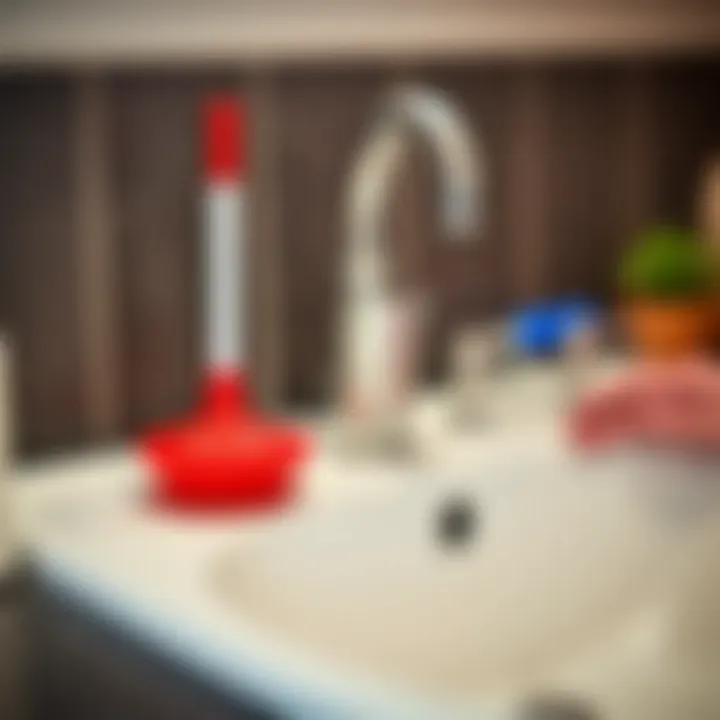 A plunger positioned next to a sink, ready for use.