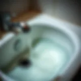 A sink with water backing up, showing signs of blockage.