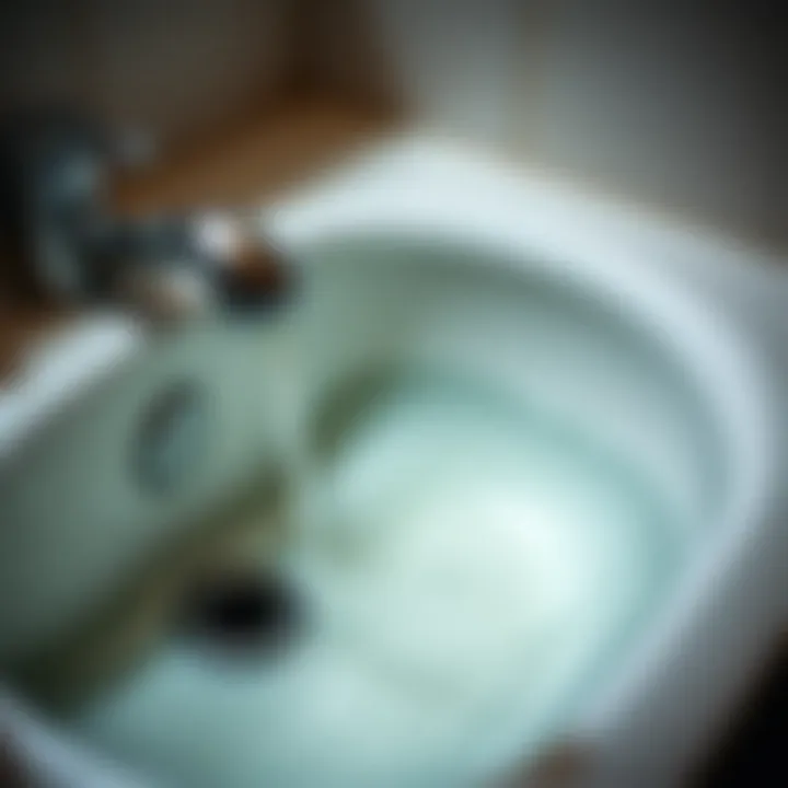 A sink with water backing up, showing signs of blockage.