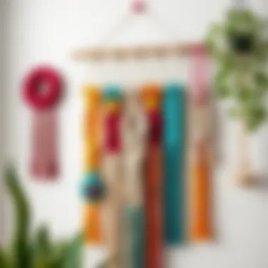 Colorful macrame wall hanging illustrating various knot techniques