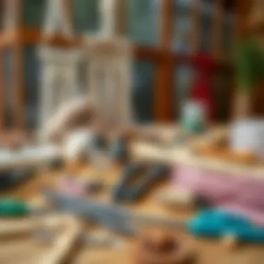 Various macrame tools and materials spread out on a table