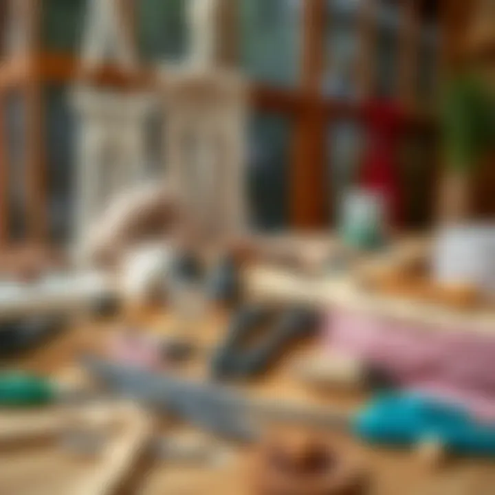 Various macrame tools and materials spread out on a table