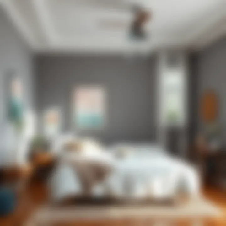 A cozy bedroom featuring gray walls and tasteful decor, creating a calm atmosphere.