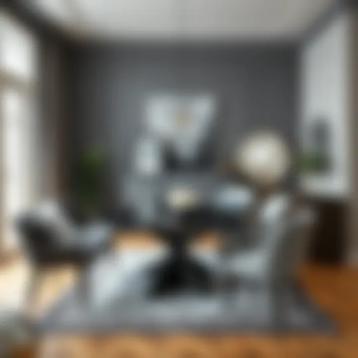 A beautifully arranged dining area featuring gray accents that enhance the space's aesthetics.