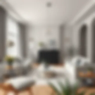 A serene living room painted in soft gray tones, showcasing modern decor elements.