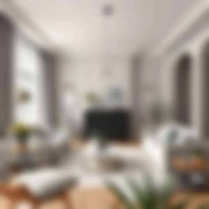 A serene living room painted in soft gray tones, showcasing modern decor elements.