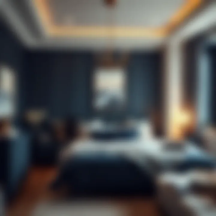 Deep navy bedroom with stylish furnishings