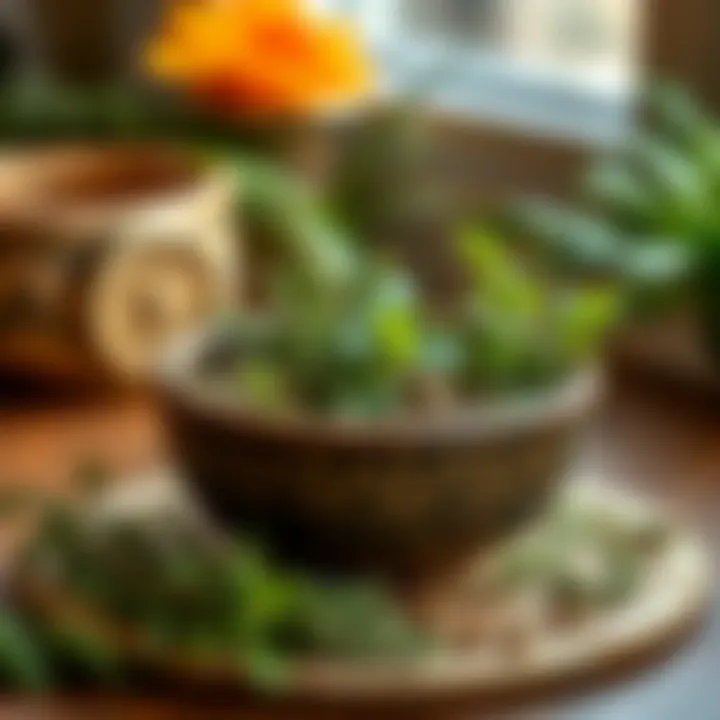 A decorative bowl filled with aromatic herbs